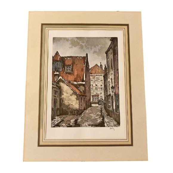 Roger Hebbelinck Belin Hand Colored Print European Village - Picture 1 of 6